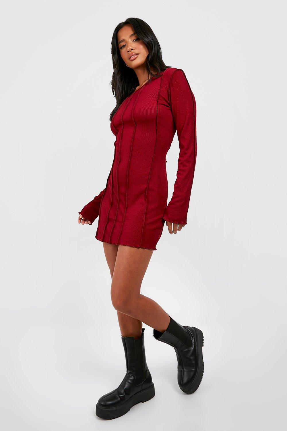 Petite - Robe Côtelée À Coutures Apparentes - Rouge Vin - 34, Rouge Vin