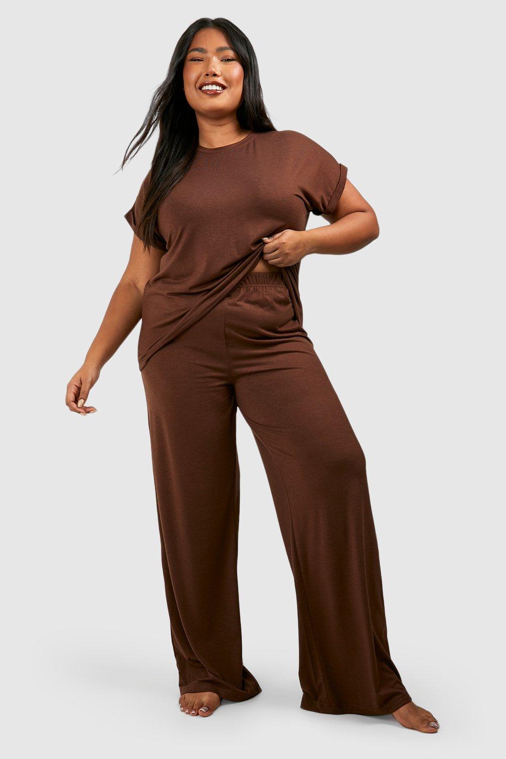 Womens Plus Super Soft Oversized Top & Trouser Lounge Set - Brown - 24, Brown