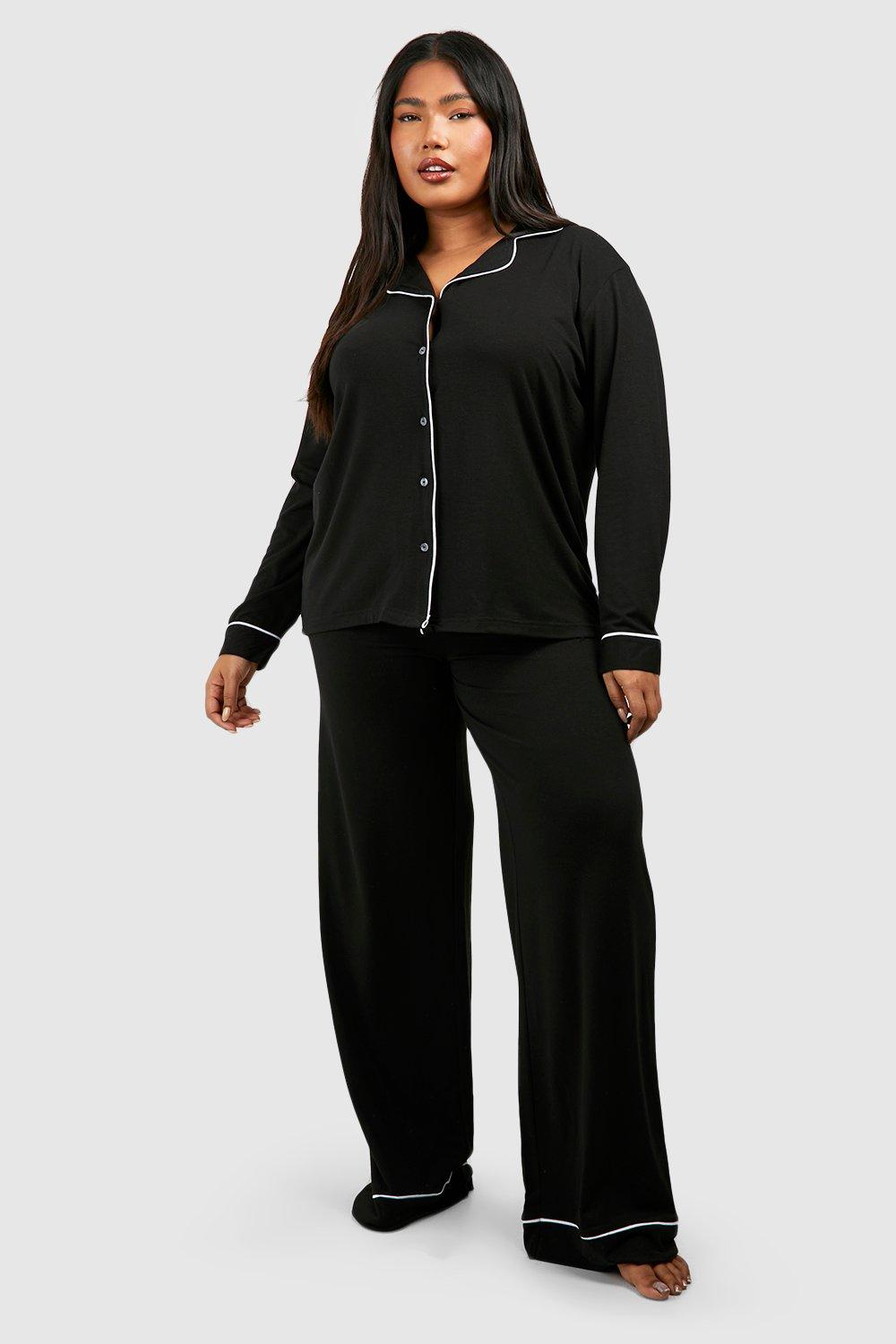 Womens Plus Super Soft Piping Top & Trouser Pj Set - Black - 16, Black