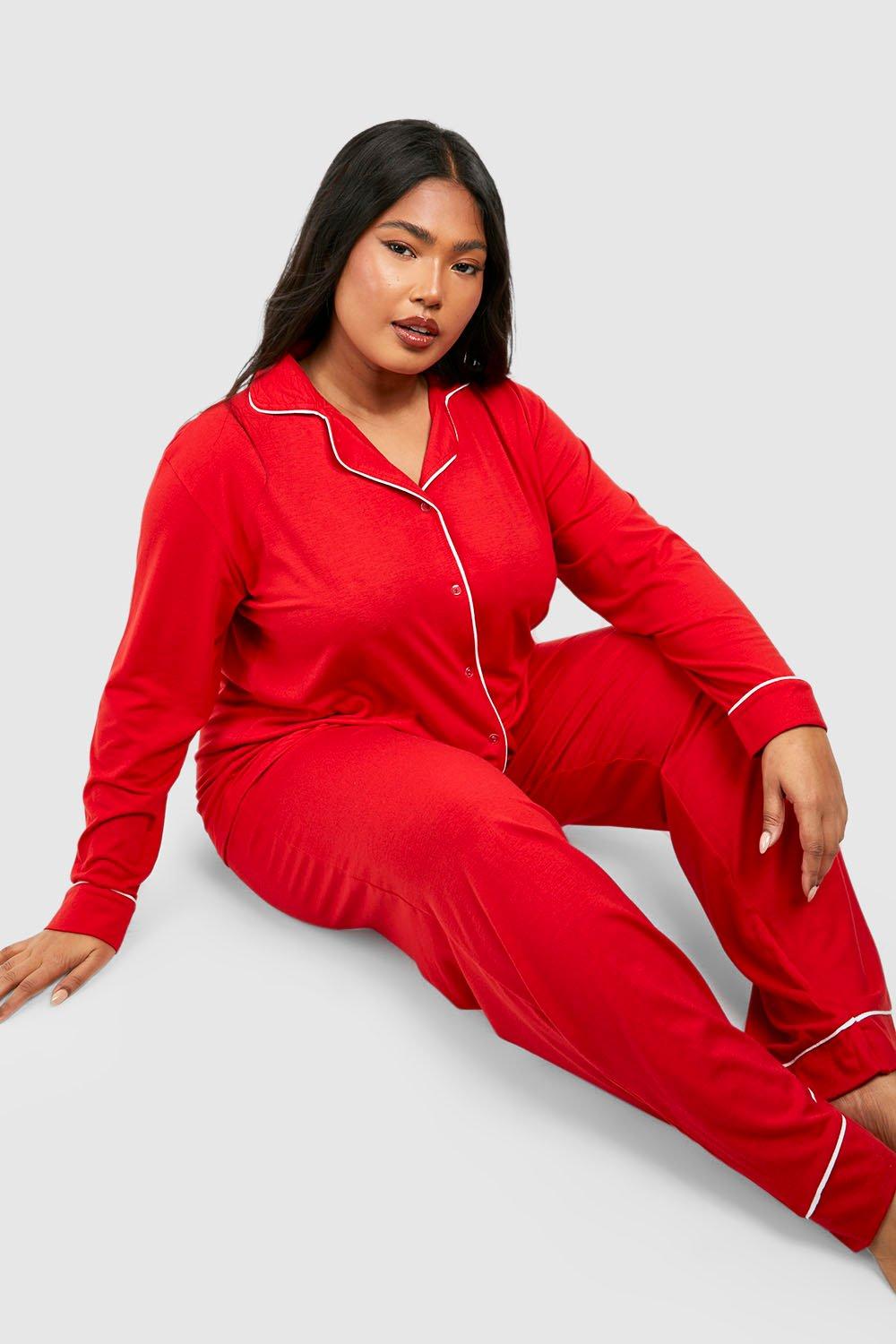 Womens Plus Super Soft Piping Top & Trouser Pj Set - Red - 22, Red