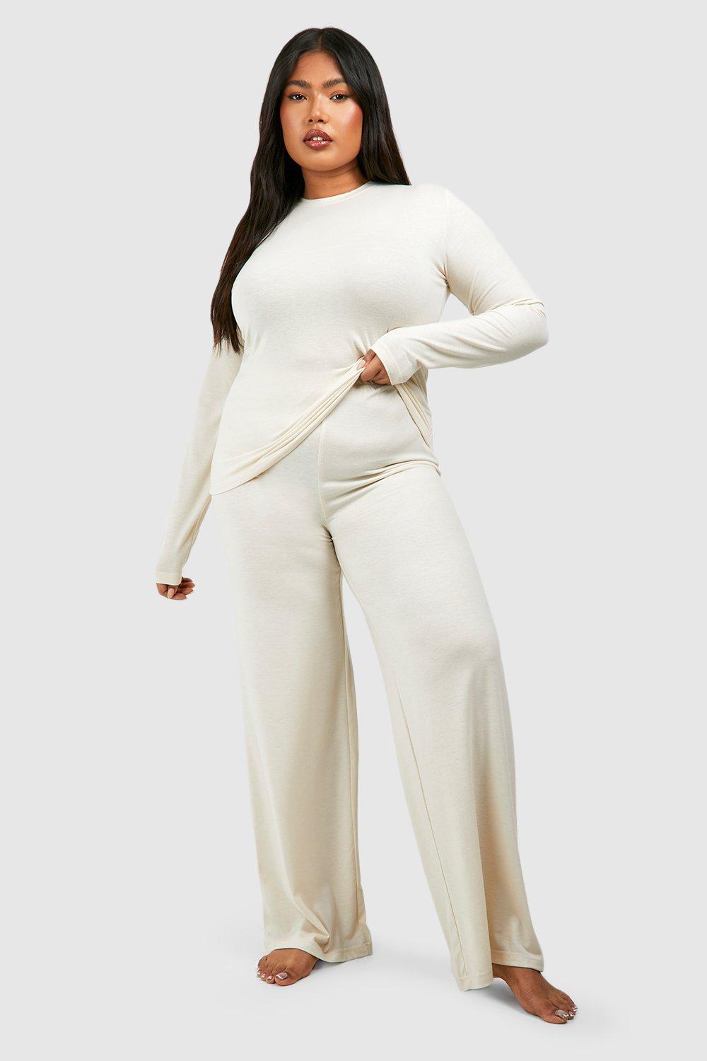 Womens Plus Super Soft Long Sleeve Top & Trouser Pj Set - Beige - 20, Beige