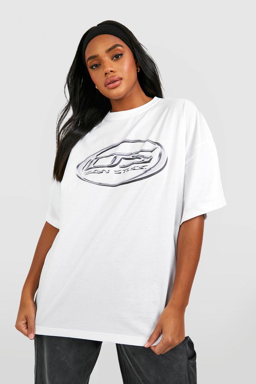 Image of T-shirt oversize con stampa di slogan Ds, Bianco