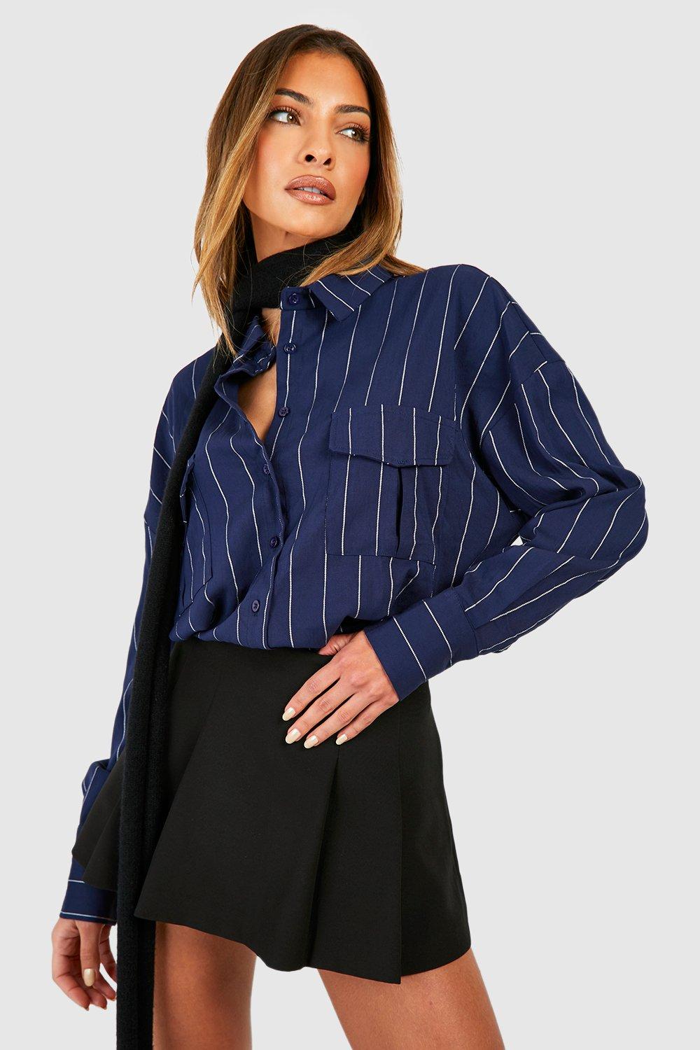 Image of Camicia oversize a righe stile Utility, Navy