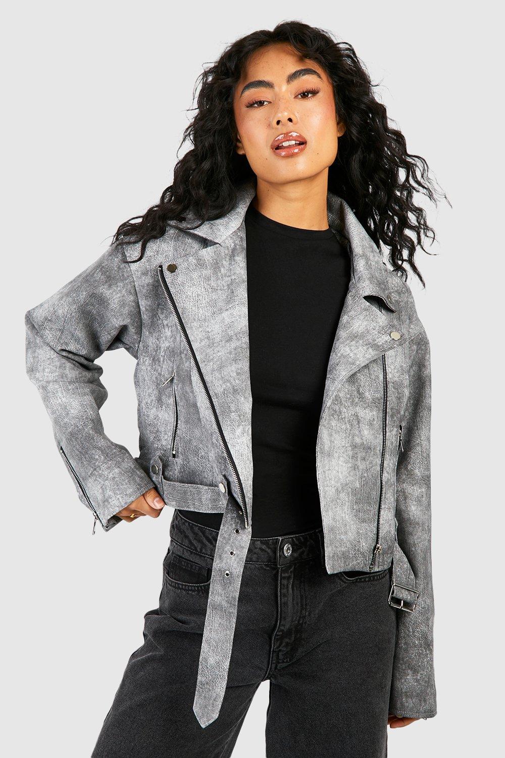 Womens Vintage Look Faux Leather Biker Jacket - Grey - 12, Grey