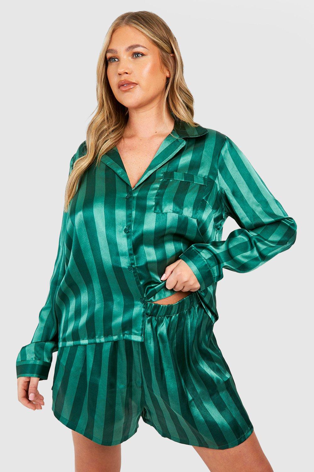 Womens Plus Satin Stripe Pj Long Sleeve & Short Set - Green - 16, Green