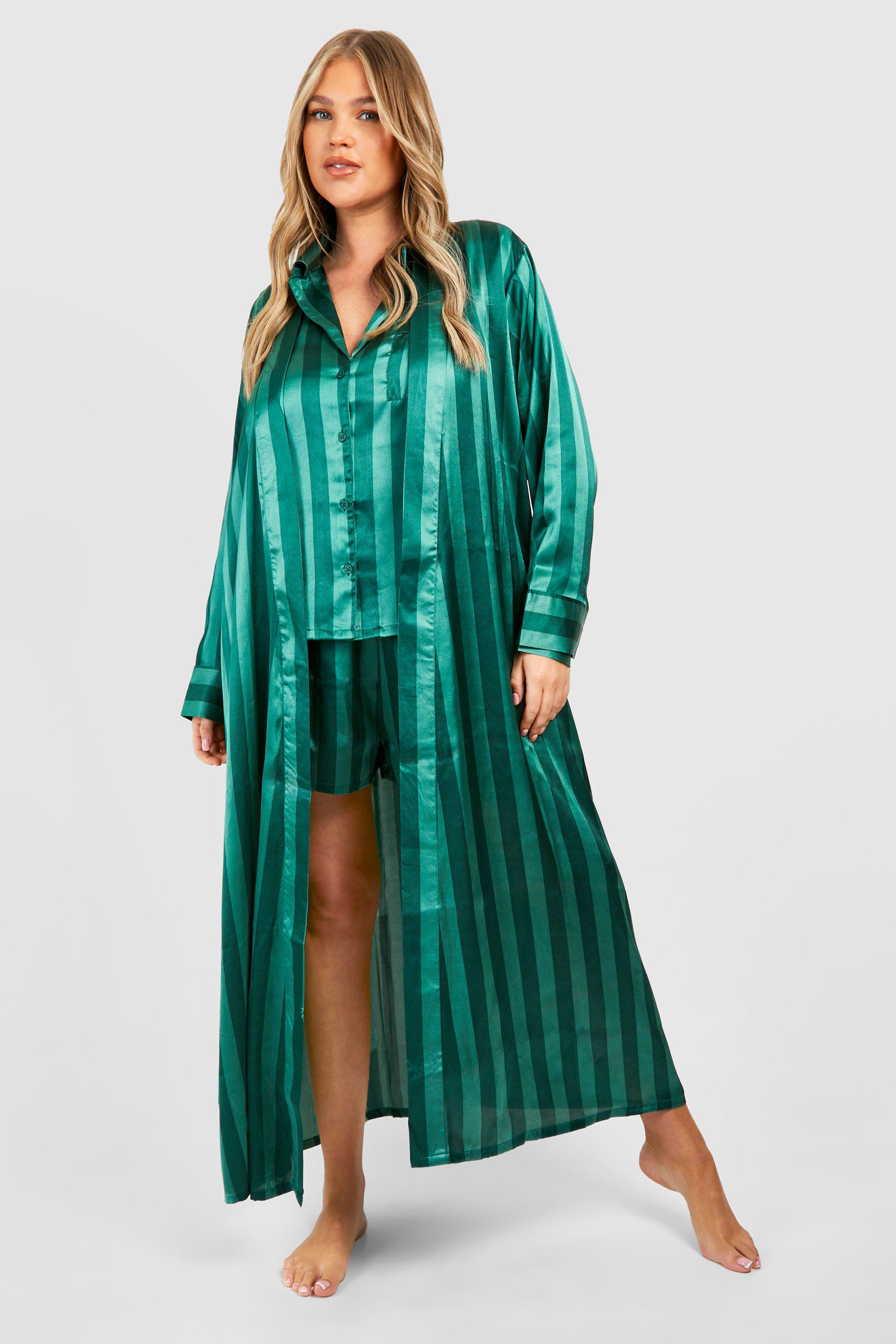 Womens Plus Satin Stripe Belted Maxi Robe - Green - 20, Green