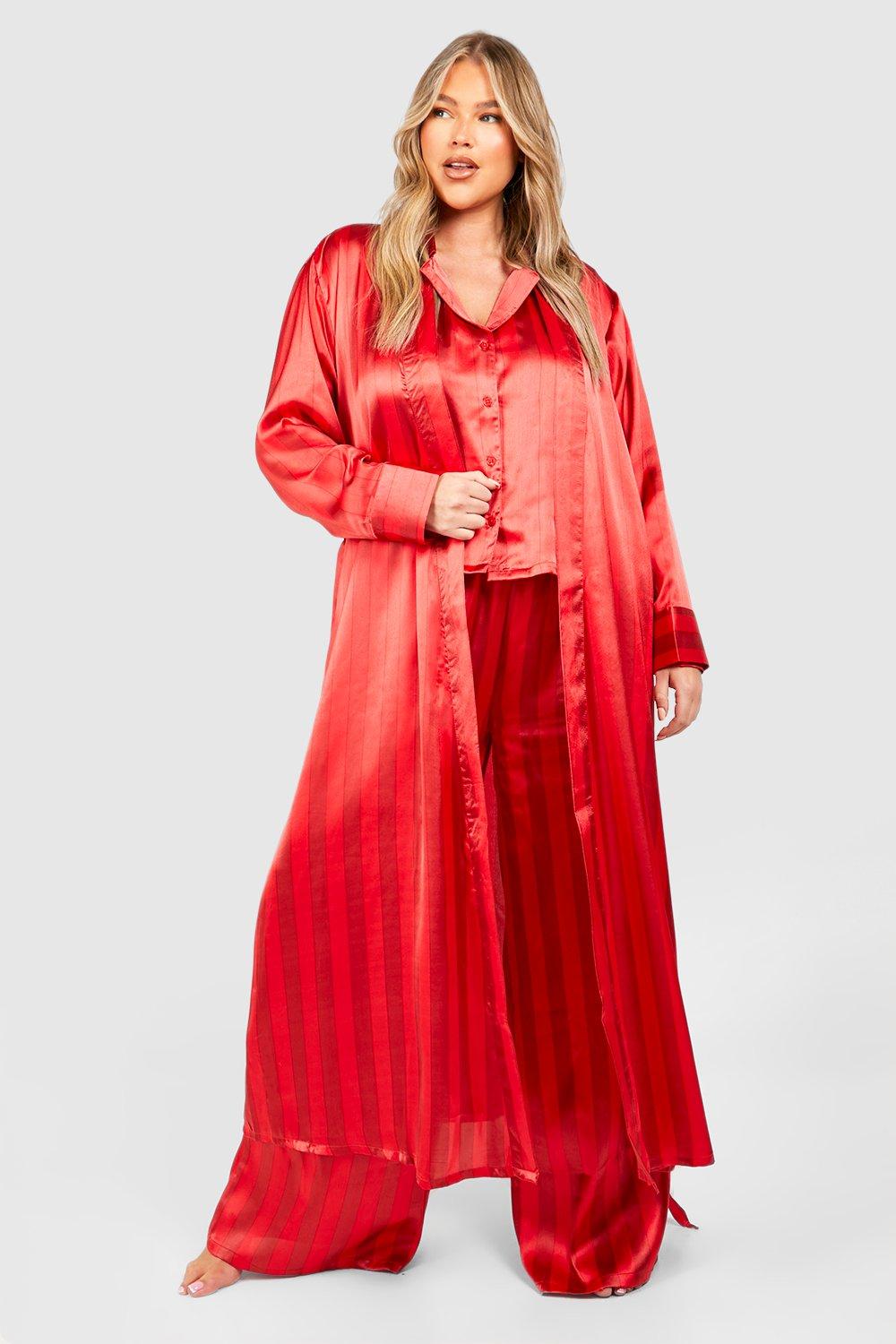 Womens Plus Satin Stripe Belted Maxi Robe - Red - 16, Red