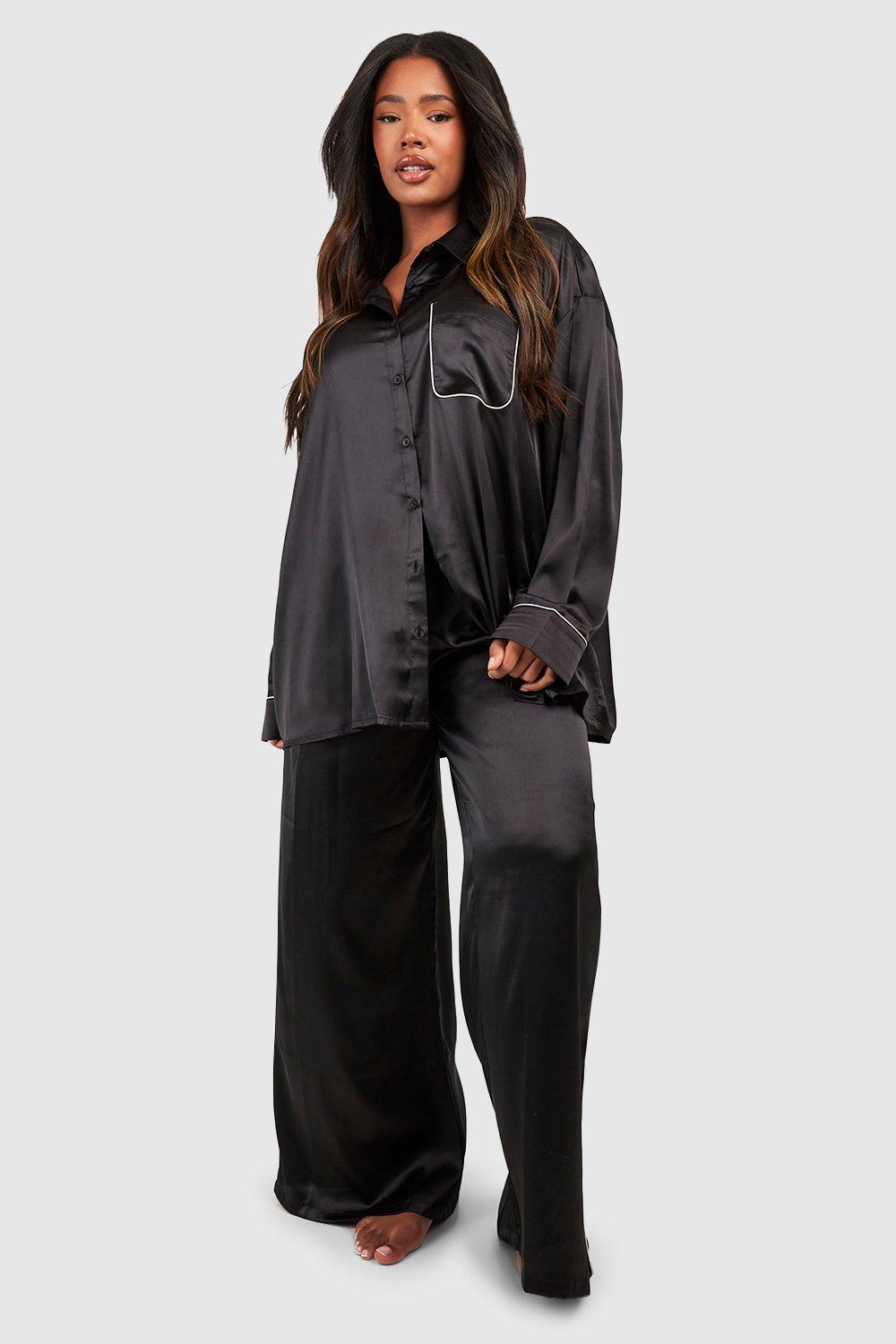 Womens Plus Oversized Piping Detail Pj Trouser Set - Black - 20, Black