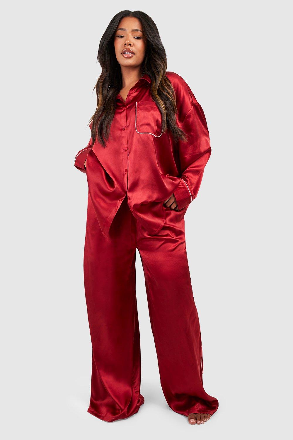 Womens Plus Oversized Piping Detail Pj Trouser Set - Red - 26, Red