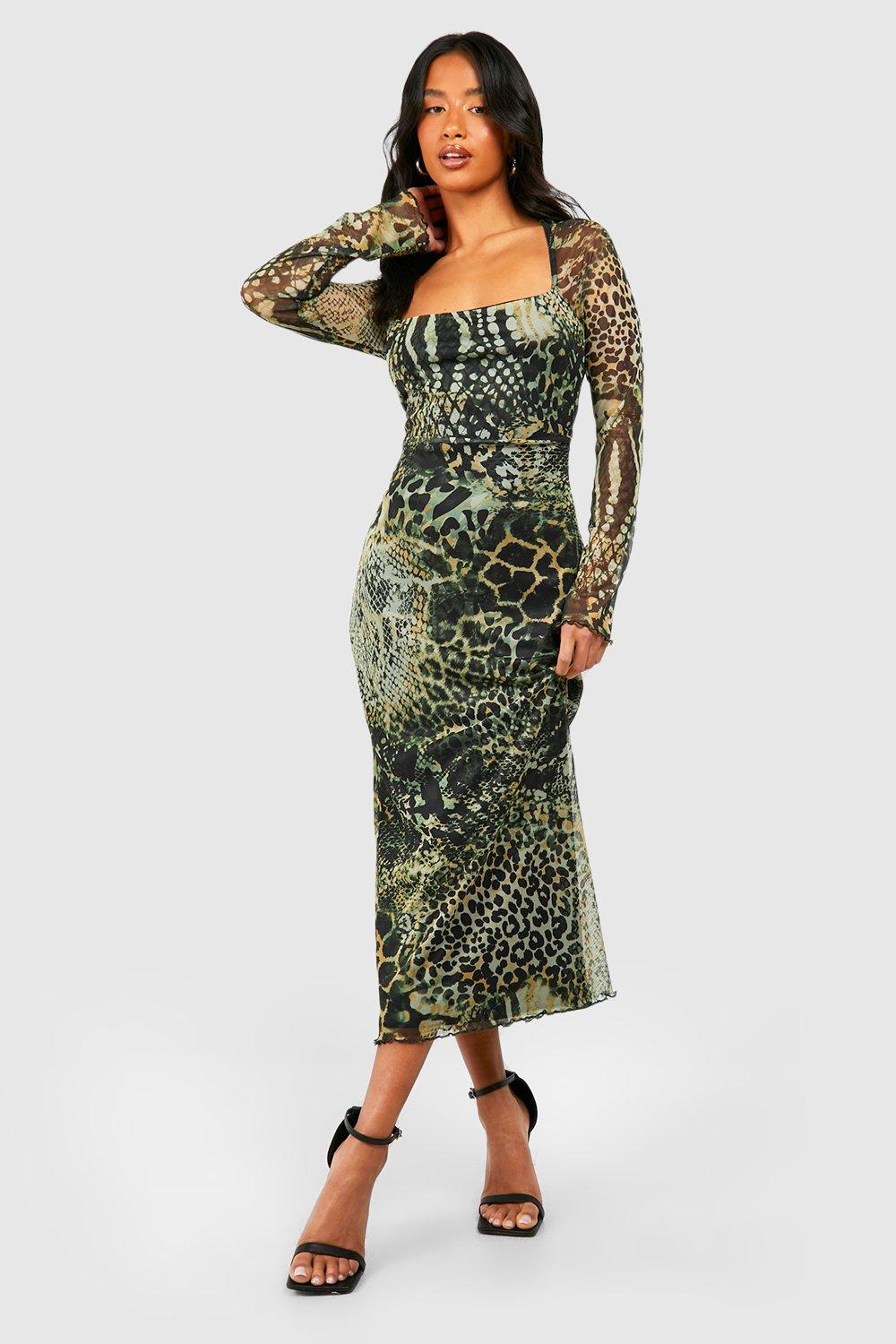 Womens Petite Animal Print Mesh Midaxi Dress - Green - 10, Green