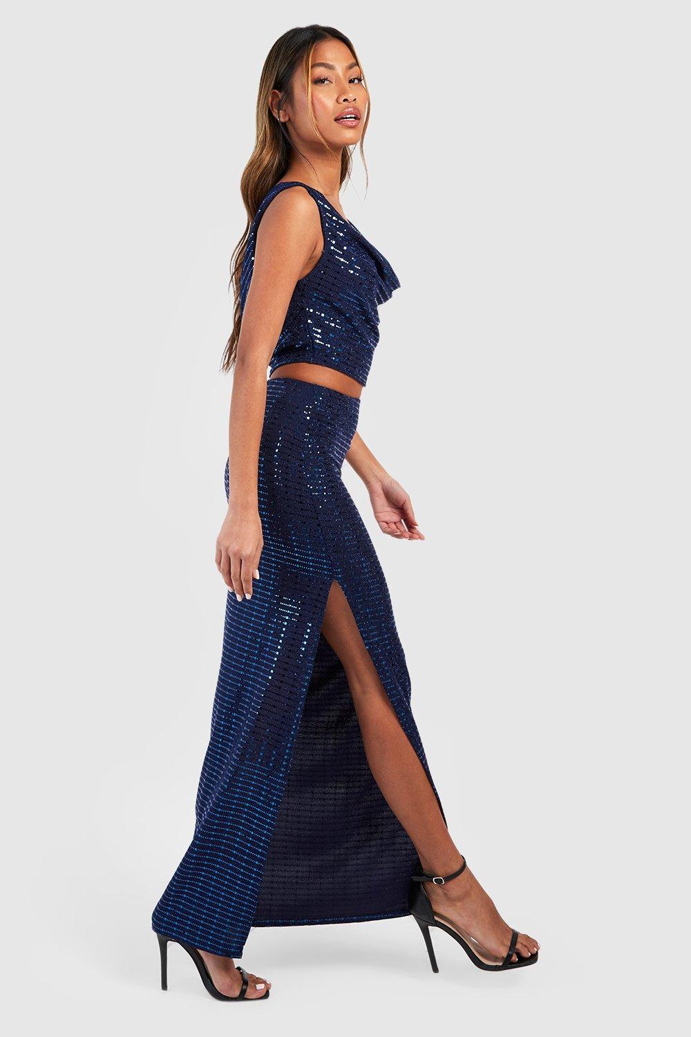 Boohoo Mid Rise Glitter Maxi Rok Met Pailletten En Hoge Split, Navy