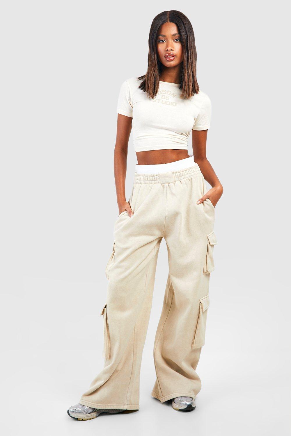 Womens Slouchy Double Pocket Cargo Wide Leg Jogger - Beige - S, Beige