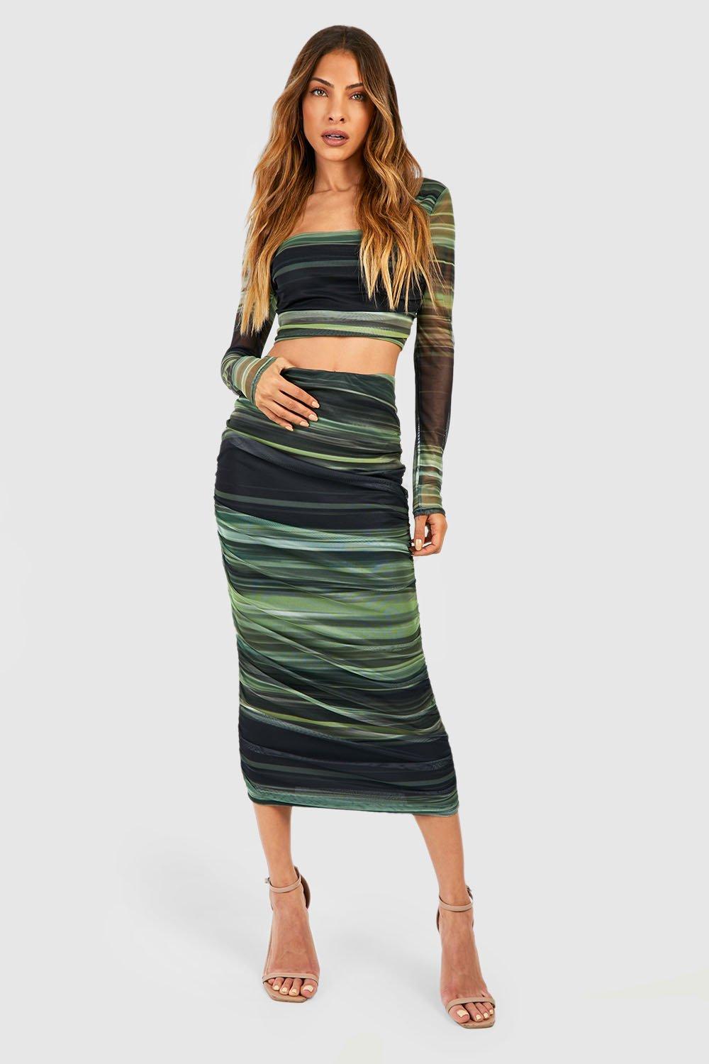 Womens Mesh Abstract Ruched Square Neck Top & Ruched Midaxi Skirt - Green - 12, Green