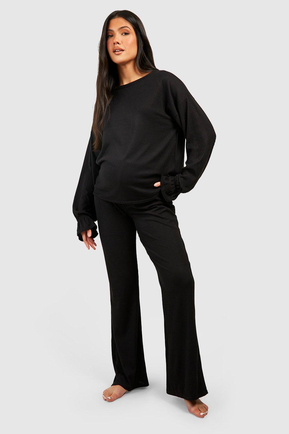 Womens Maternity Cuffed Rib Loungewear Set - Black - 12, Black