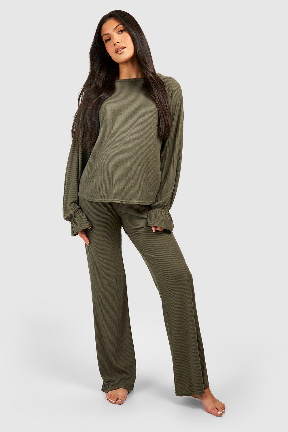 Womens Maternity Cuffed Rib Loungewear Set - Green - 8, Green