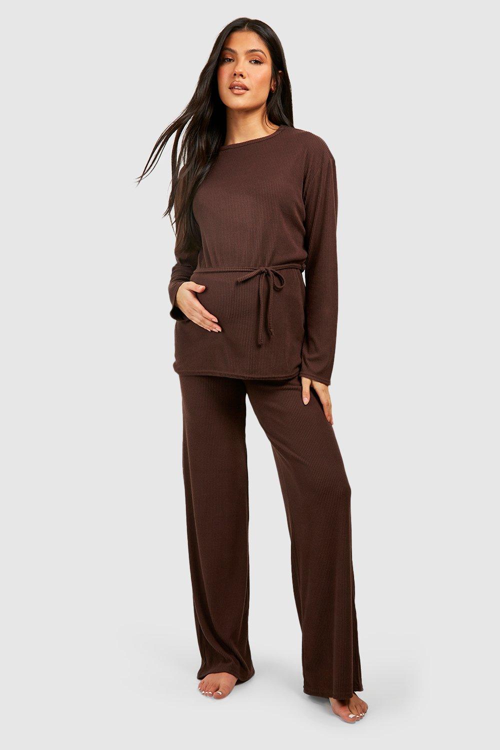 Womens Maternity Rib Belted Loungewear Set - Brown - 8, Brown