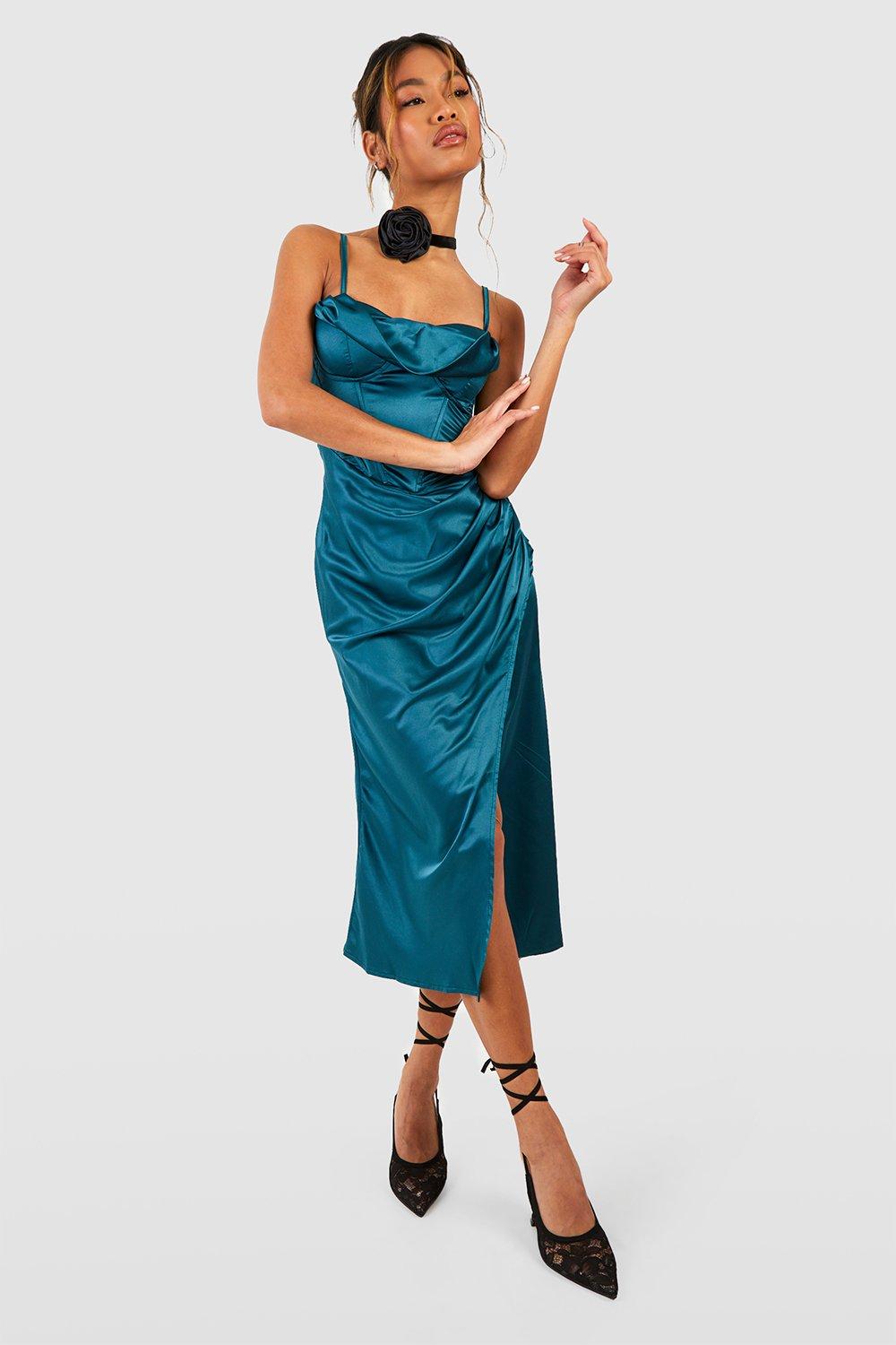 Boohoo Gedrappeerde Satijnen Midi Jurk Met Korset Detail, Teal