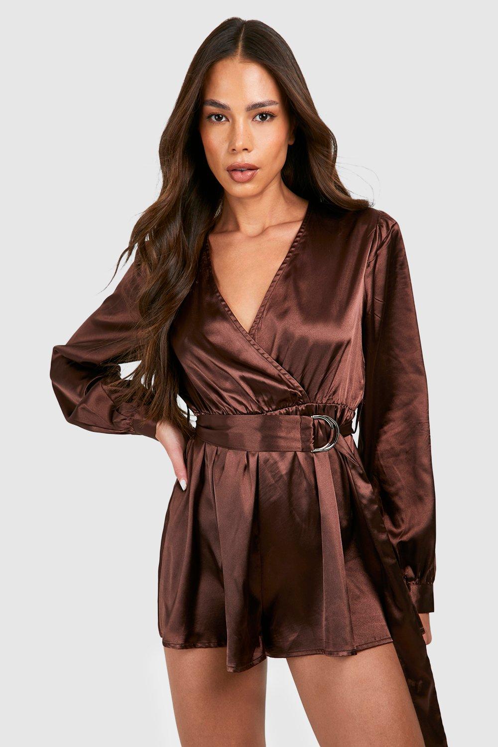 Womens Satin Wrap Playsuit - Brown - 12, Brown