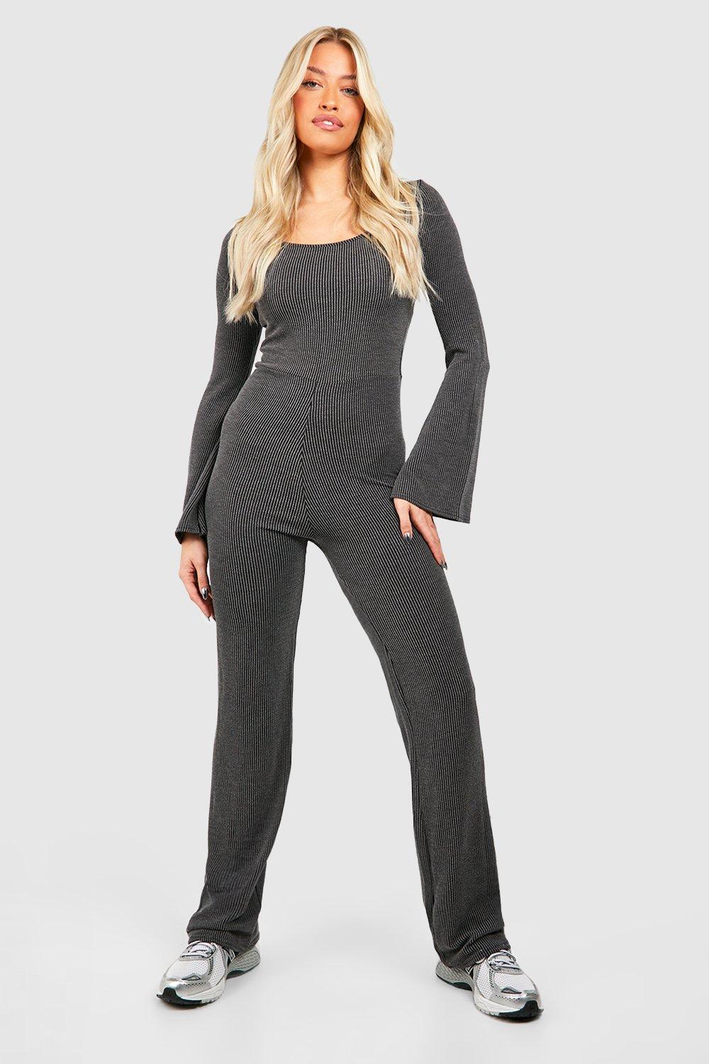 Womens Washed Rib Flare Sleeve Wide Leg Jumpsuit - Black - 10, Black