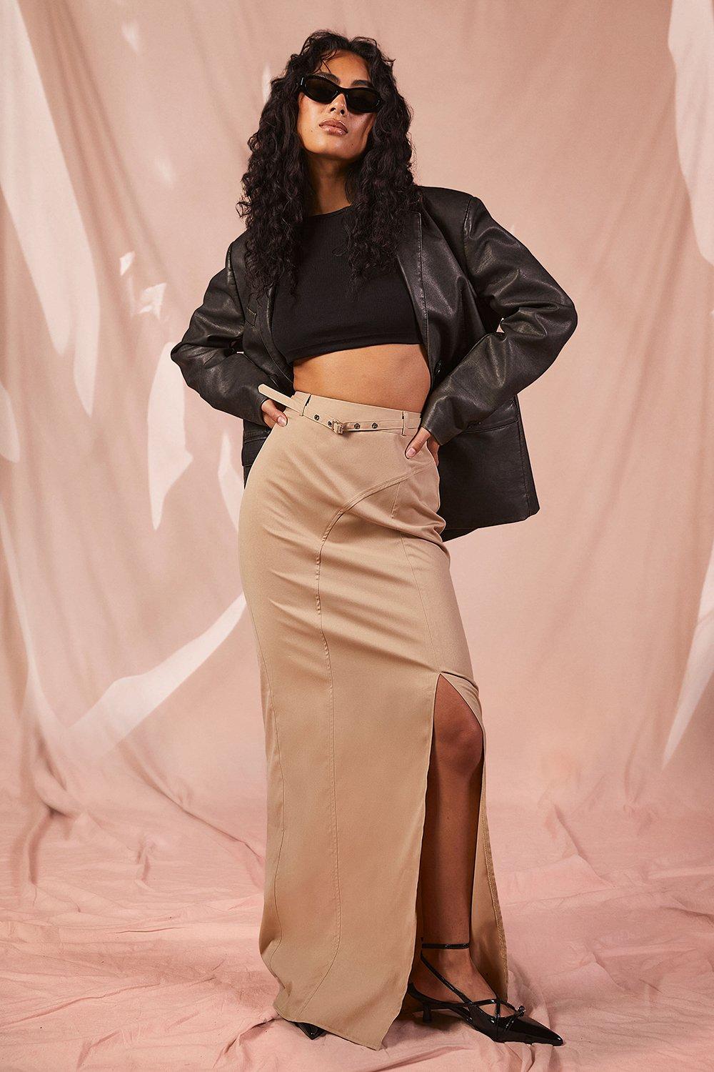 Boohoo Maxi Rok Met Ceintuur En Naaddetail, Stone