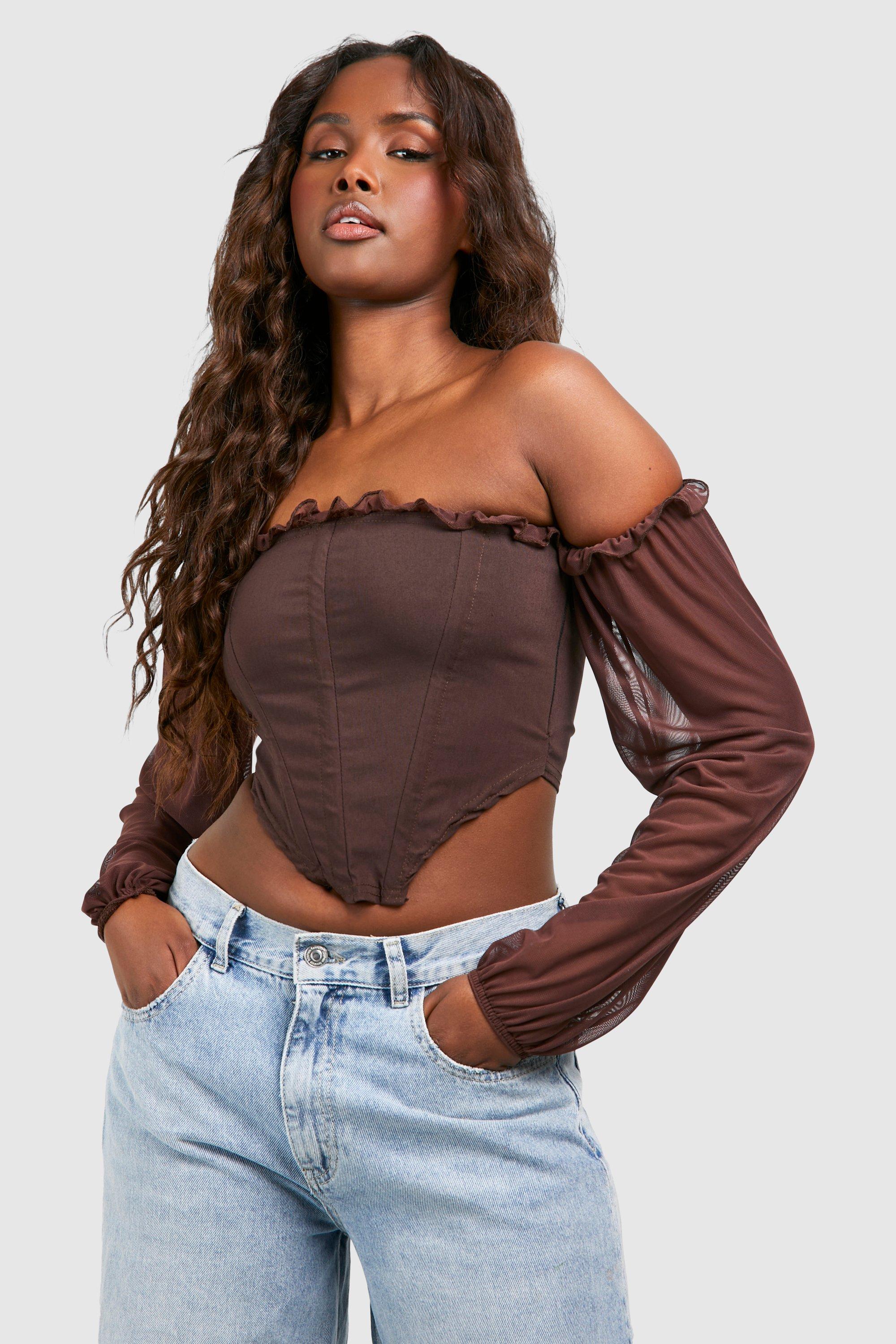 Womens Bengaline Mesh Detail Top - Brown - 12, Brown