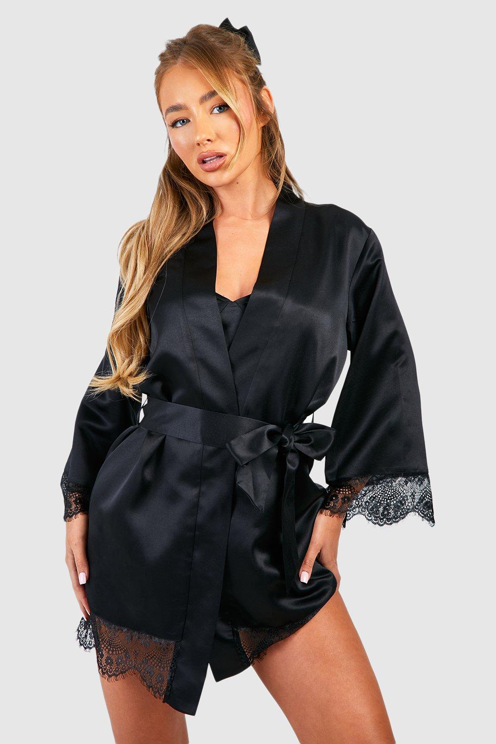 Womens Satin Lace Trim Robe - Black - 8, Black