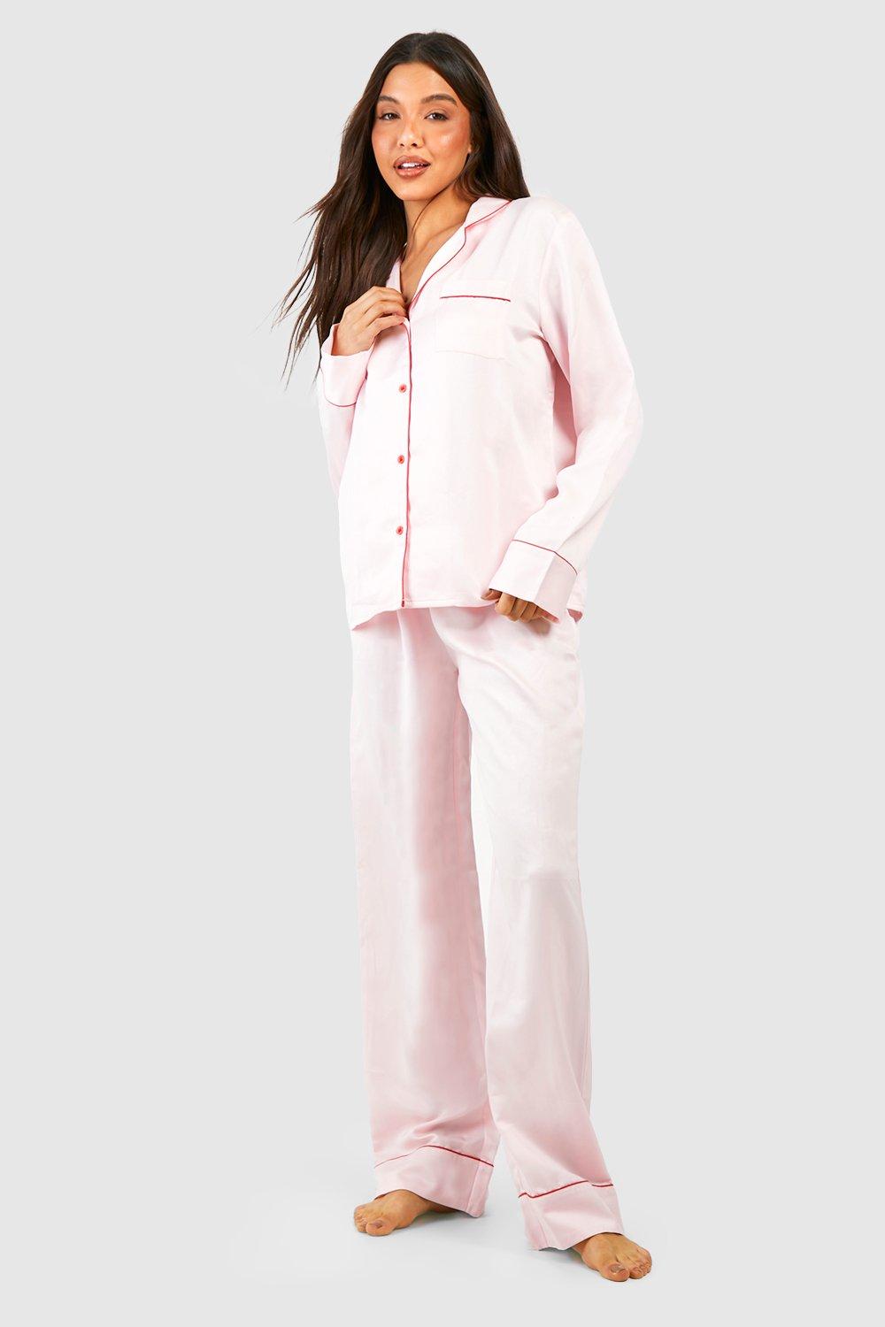 Womens Contrast Pipe Button Front Pyjama Set - Pink - 14, Pink