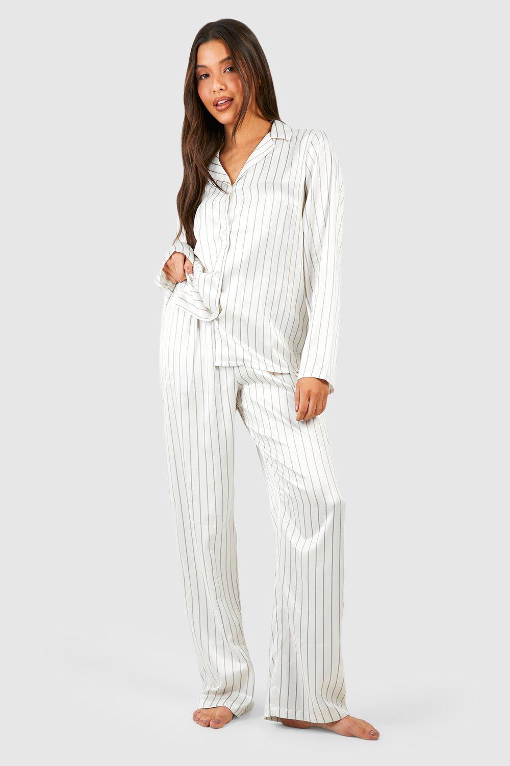 Womens Pinstripe Button Front Pyjama Set - White - 12, White