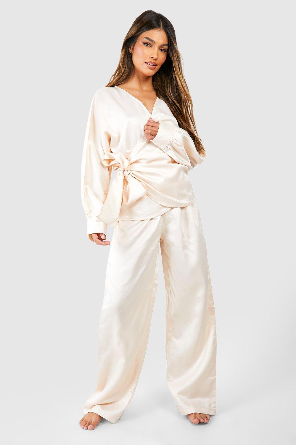 Womens Satin Wrap Pyjama Set - White - 14, White