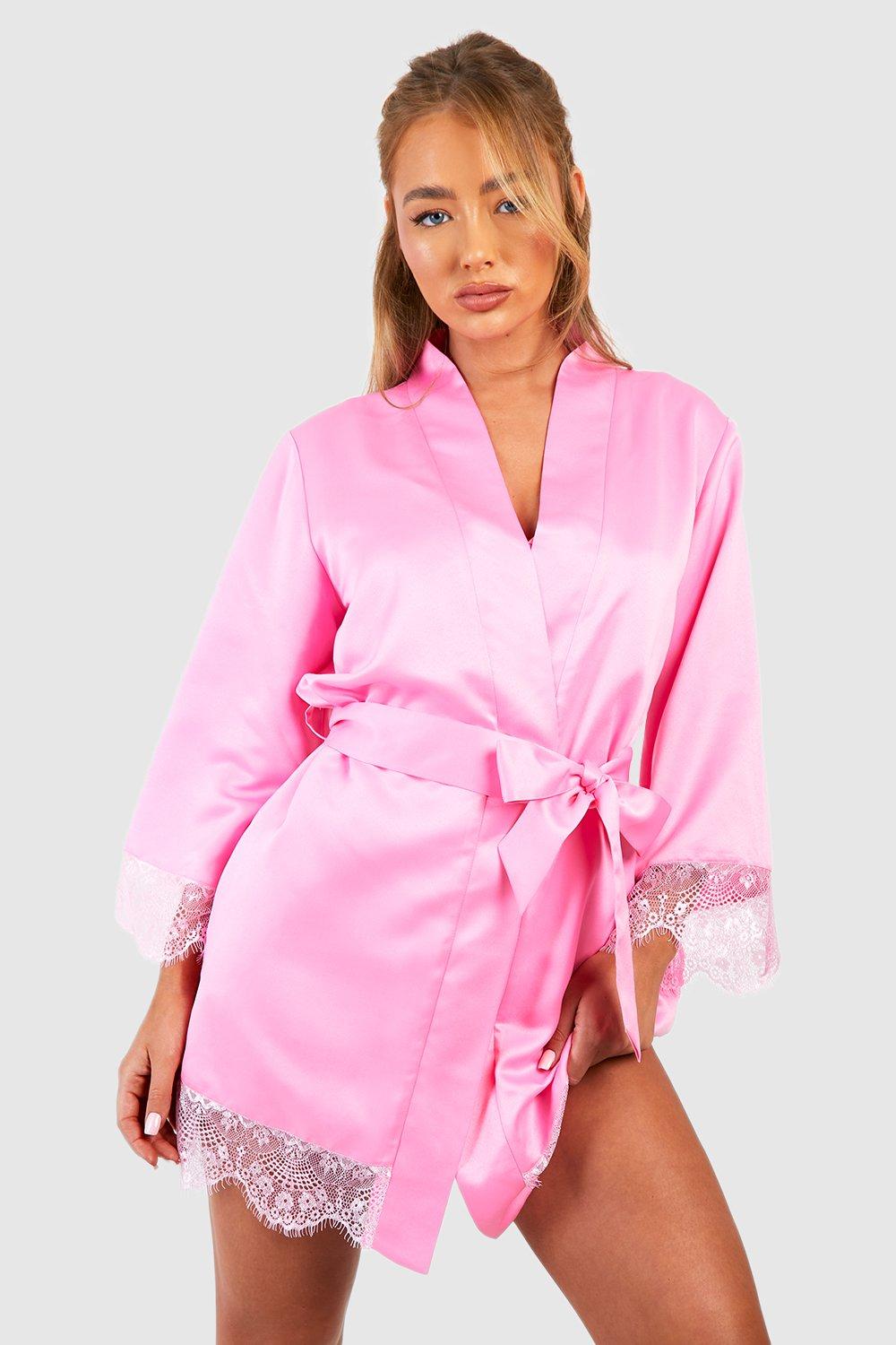 Womens Satin Lace Trim Robe - Pink - 6, Pink