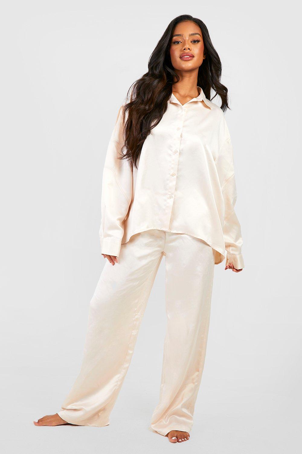 Womens Satin Oversized Detail Sleeve Pyjama Set - White - 10, White