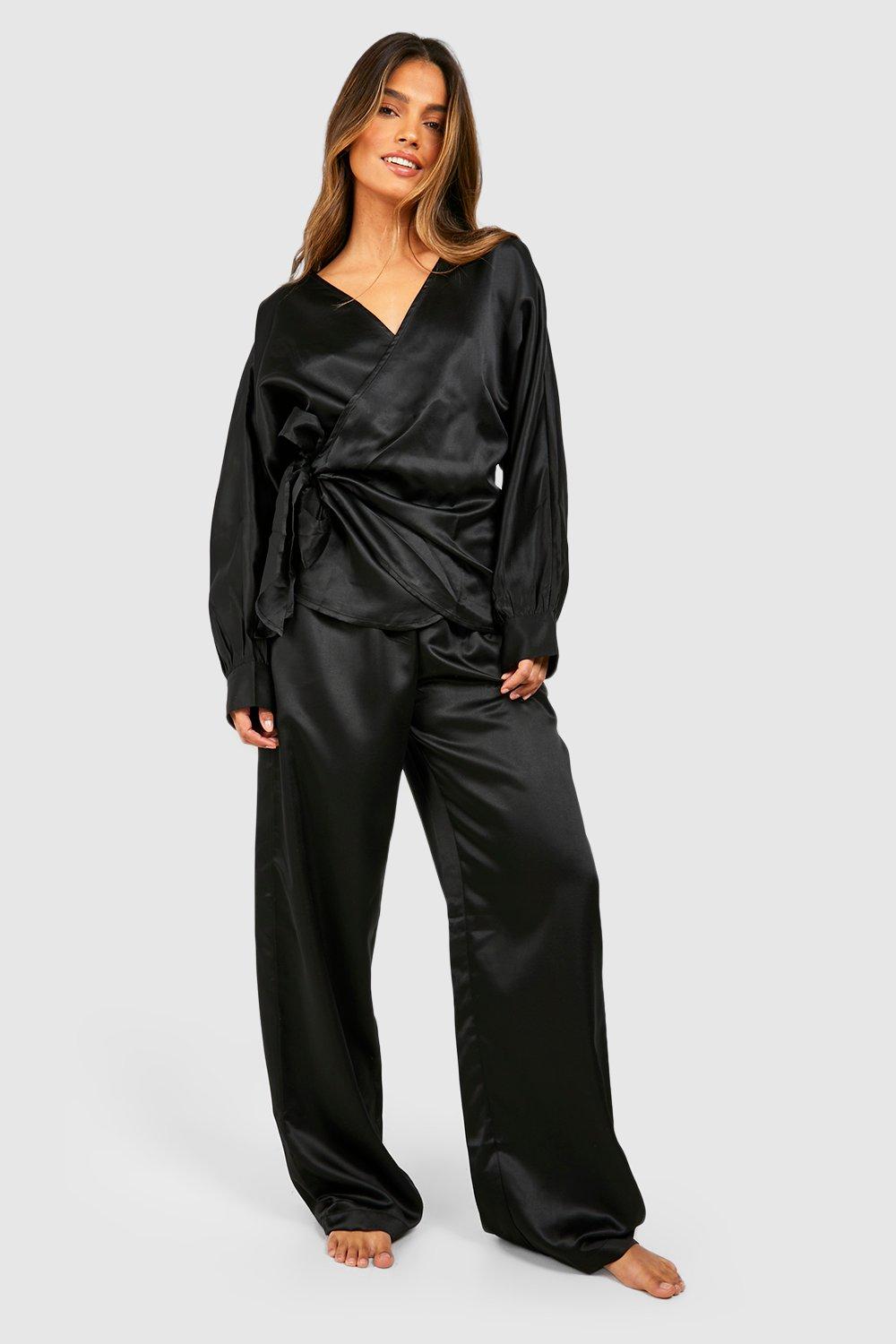 Womens Satin Wrap Pyjama Set - Black - 8, Black