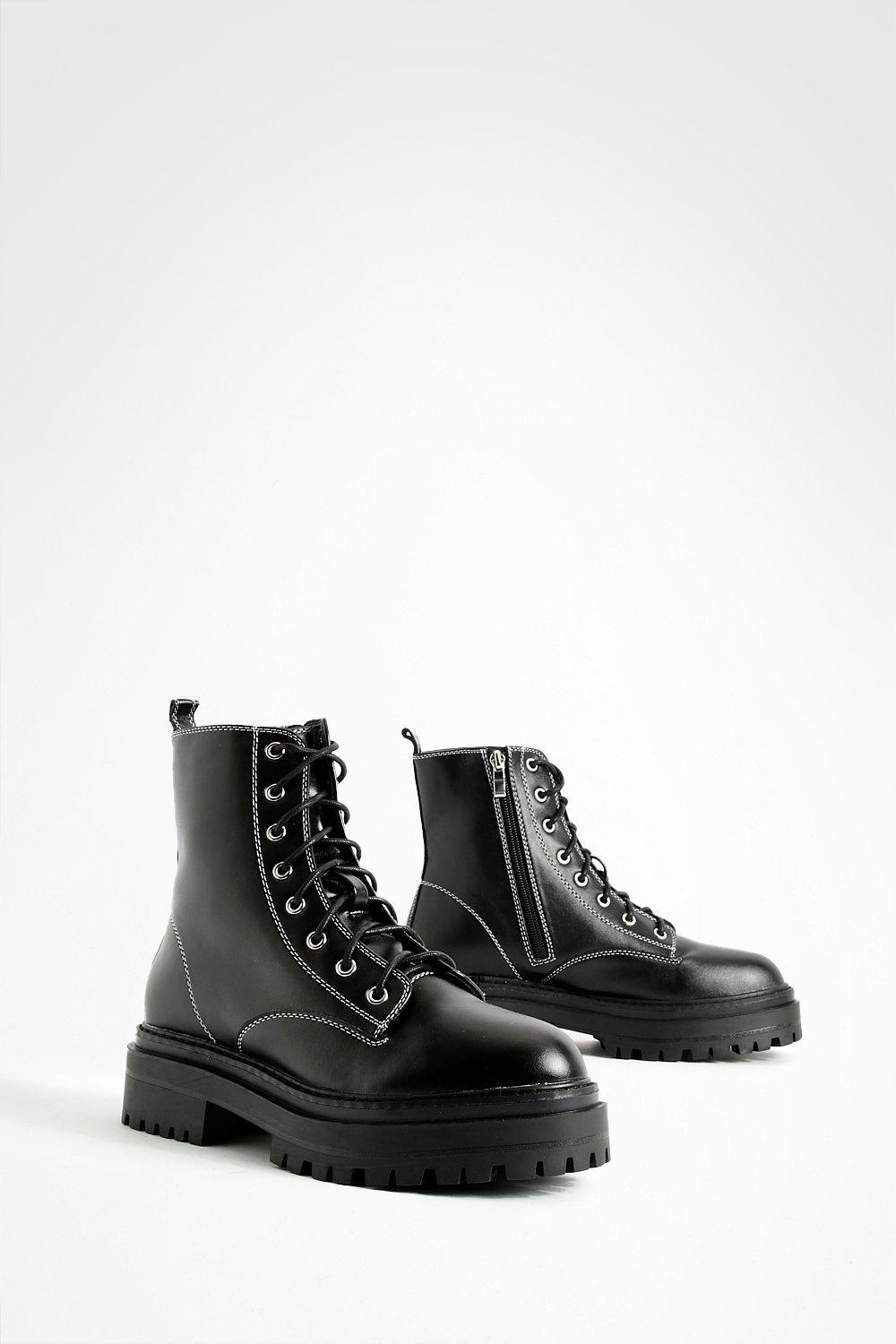 Womens Contrast Stitch Biker Boots - Black - 6, Black