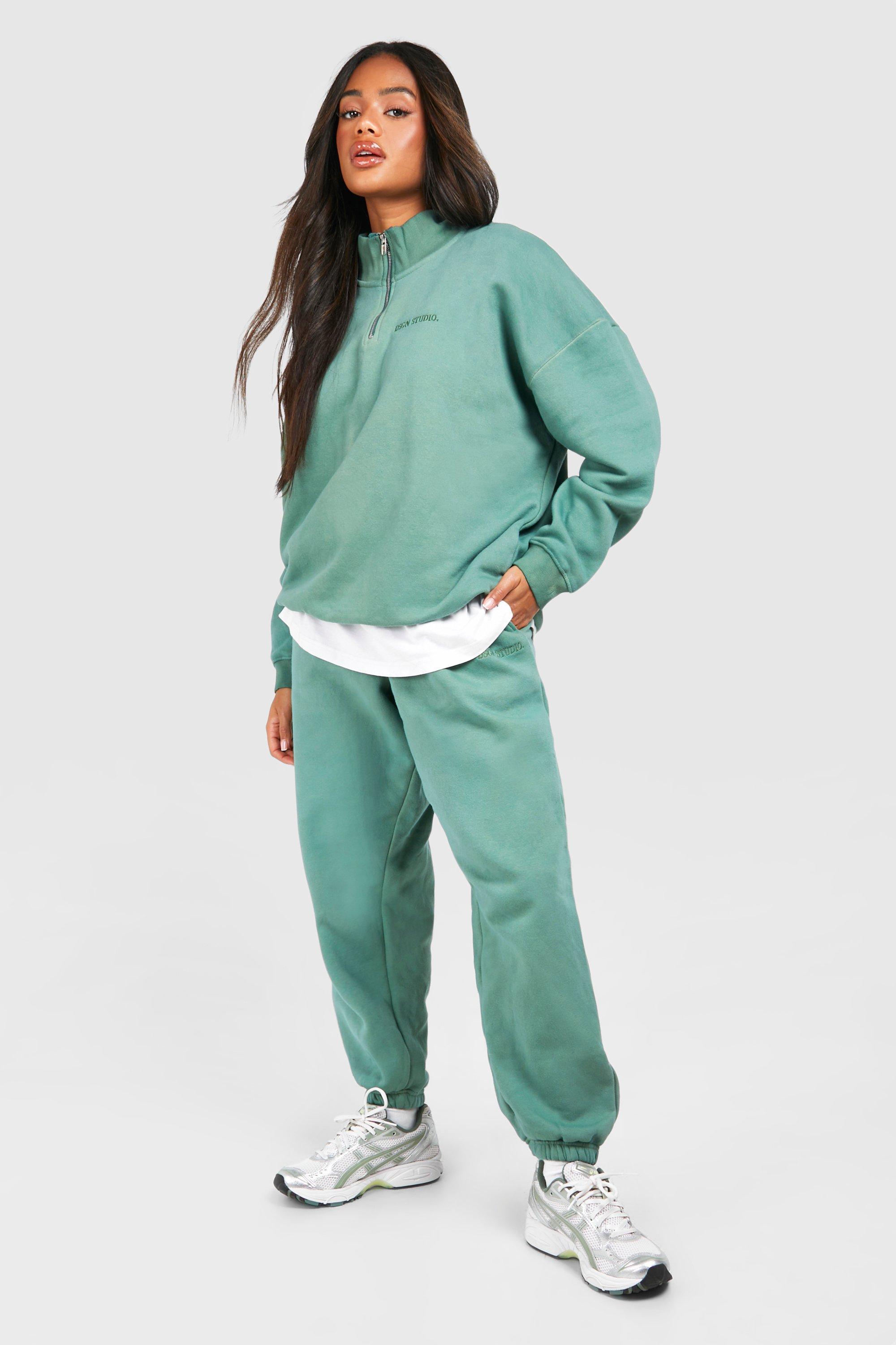 Womens Overdyed Oversized Half Zip Sweatshirt Tracksuit - Green - Xs, Green