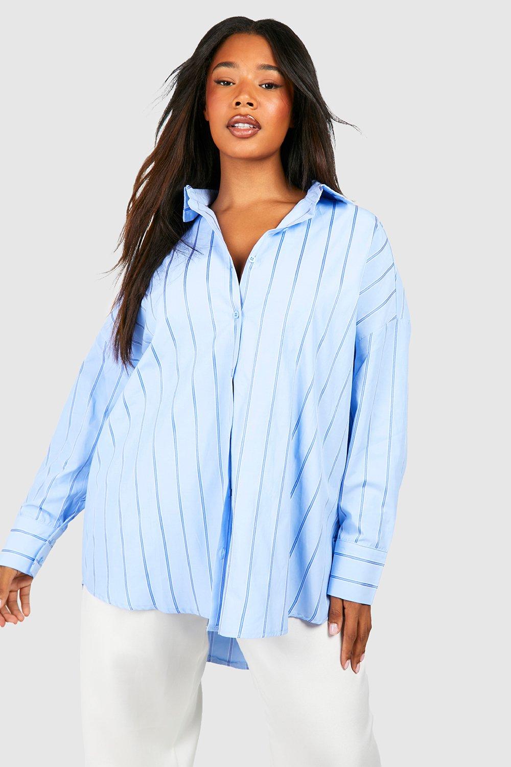Womens Plus Oversized Striped Drop Shoulder Shirt - Blue - 16, Blue