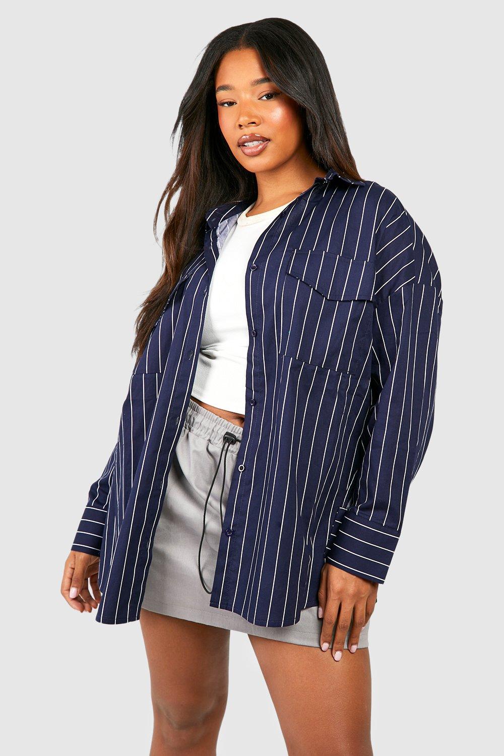 Image of Camicia Plus Size oversize stile Utility a righe, Navy