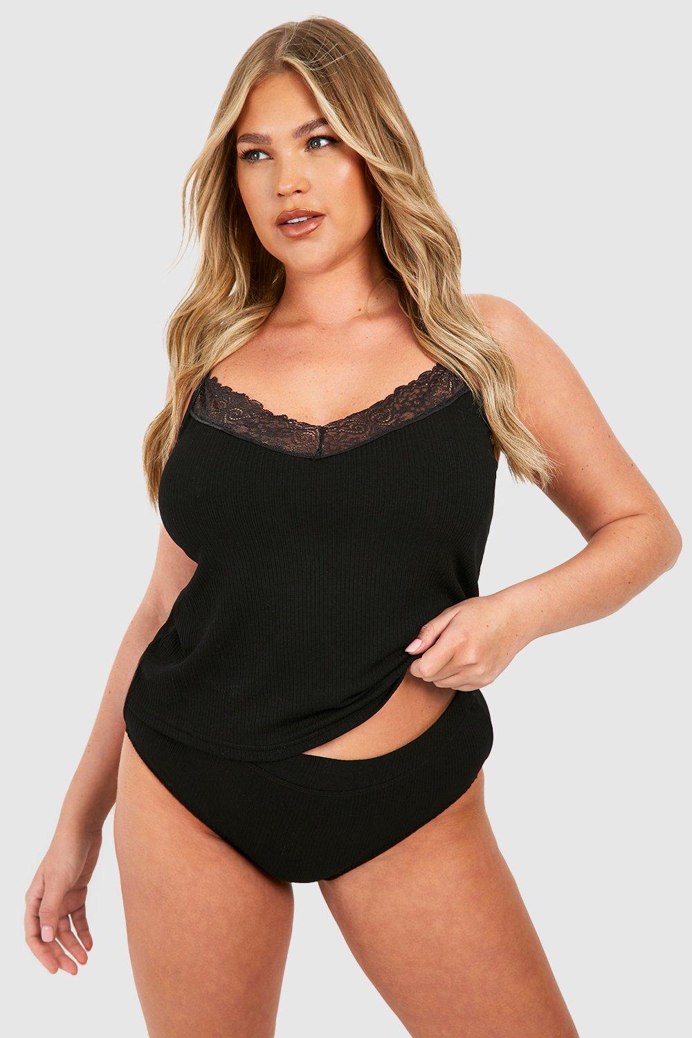 Womens Plus Ribbed Cami & Brief Set - Black - 18, Black