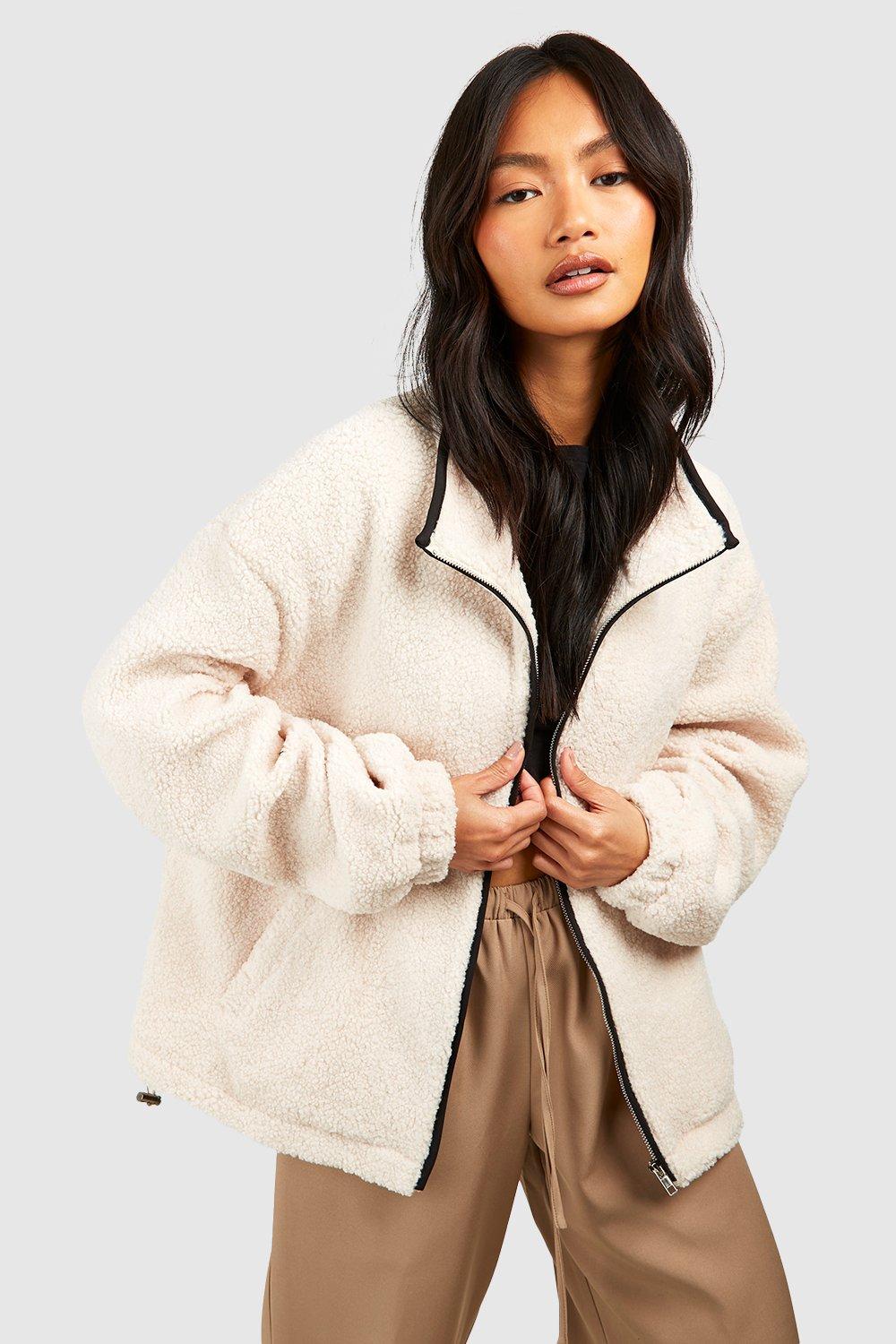 womens contrast trim detail teddy faux fur jacket - white - 10, white
