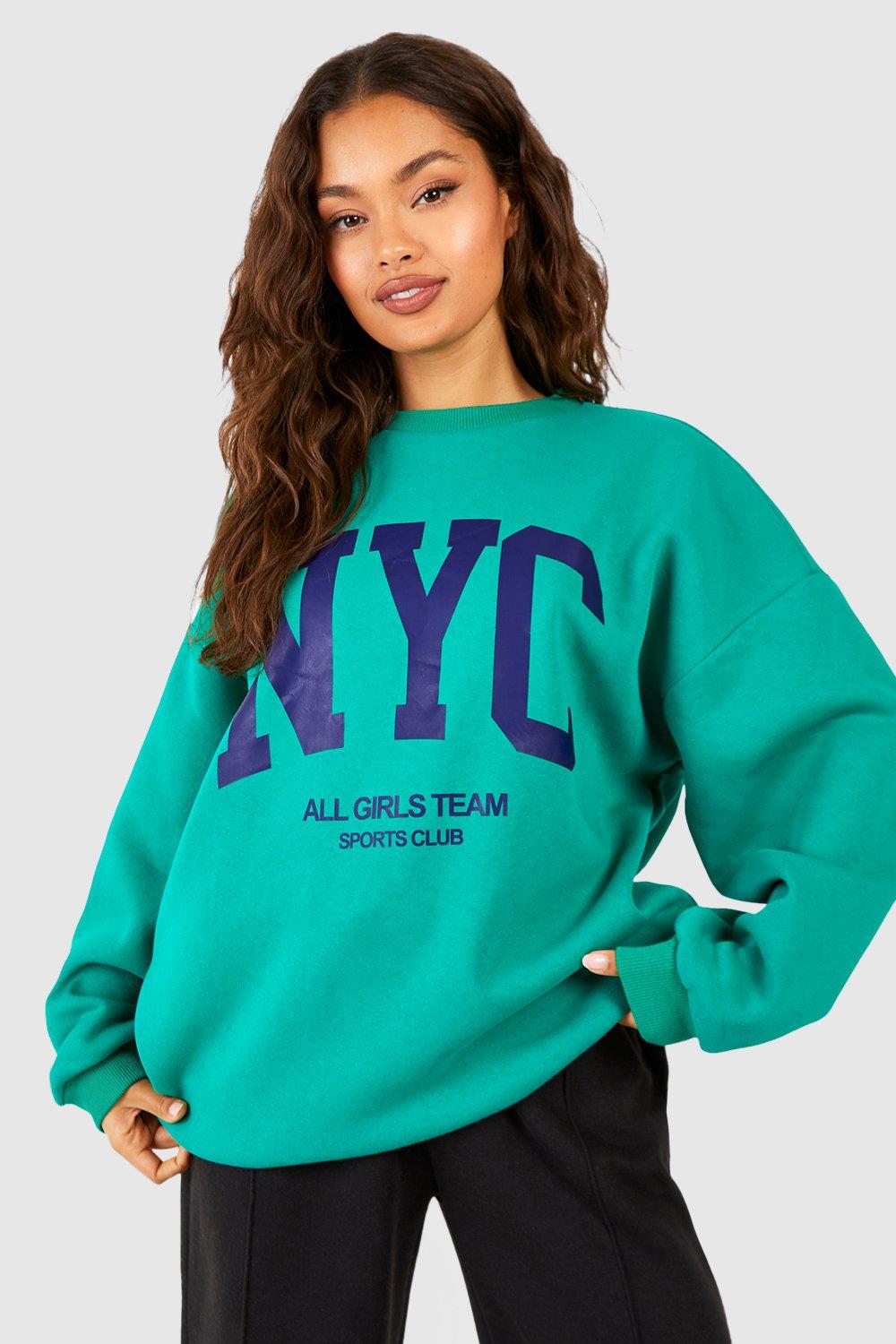 Image of Felpa oversize con slogan NYC e zip corta, Verde