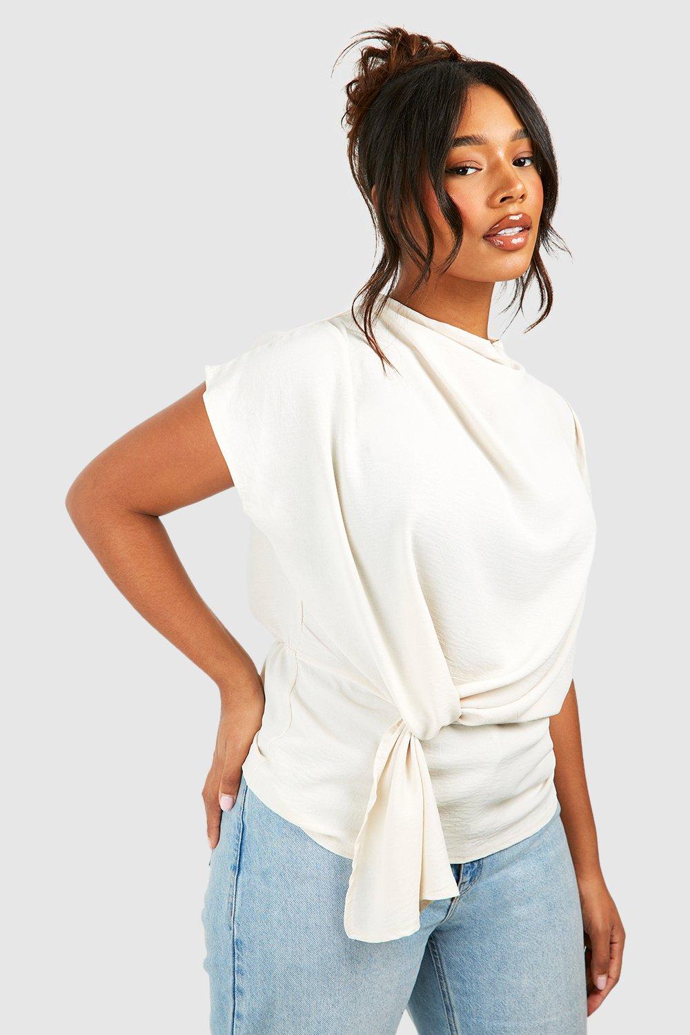 Image of Blusa Plus Size con scollo a cappuccio e nodo, Bianco