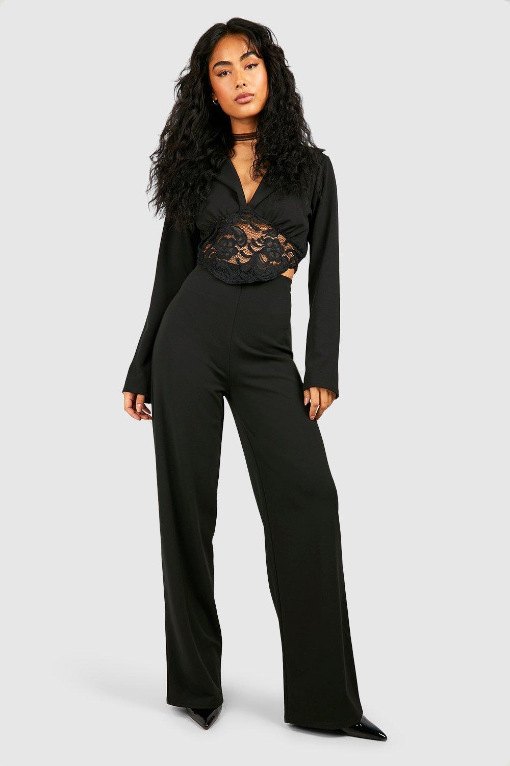 womens lace corset detail blazer & wide leg trousers - black - 10, black