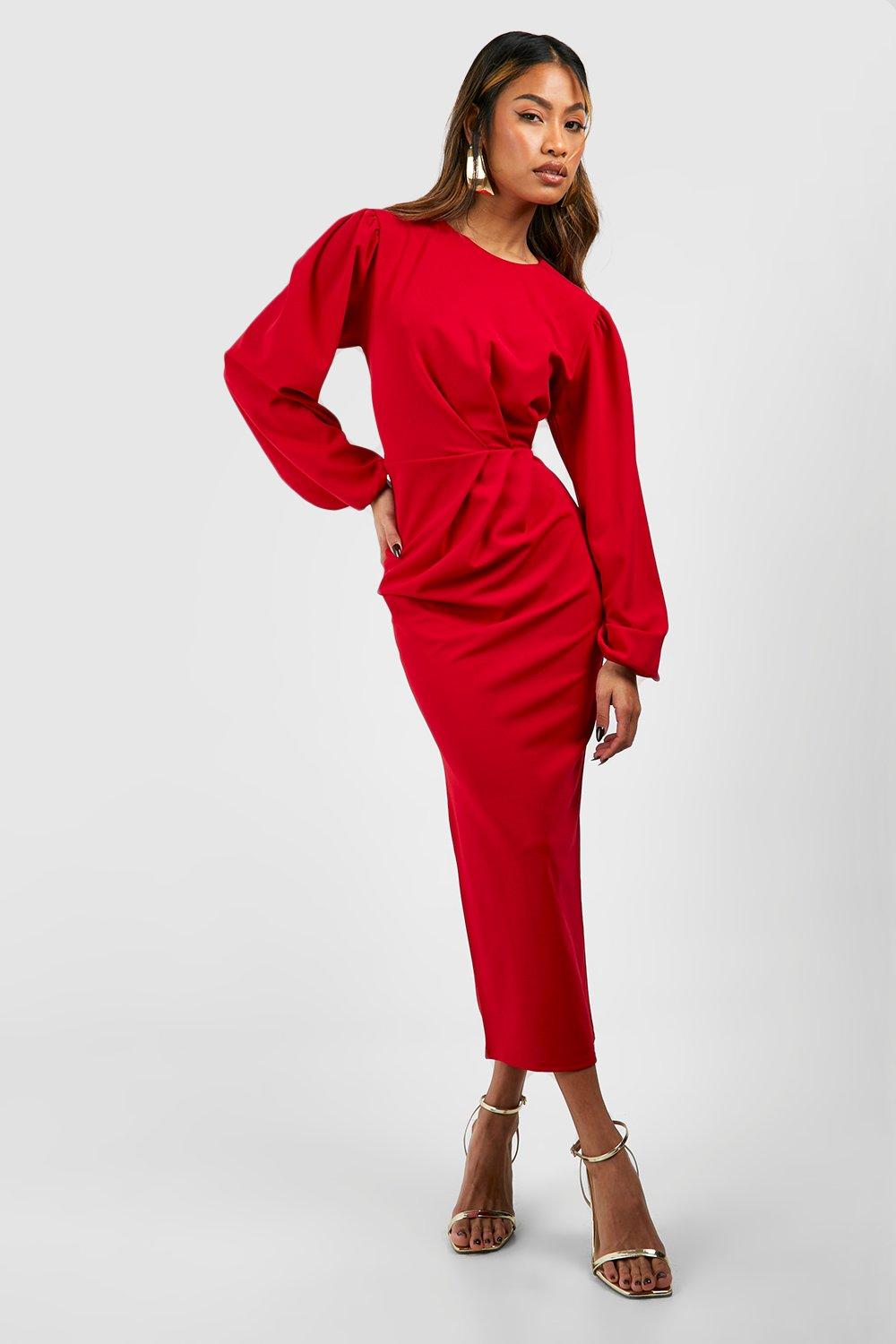 Image of Vestito longuette in crêpe con drappeggio laterale e maniche ampie, Rosso