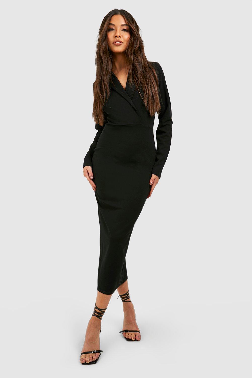 Womens Crepe Long Sleeved Wrap Tailored Midi Dress - Black - 8, Black