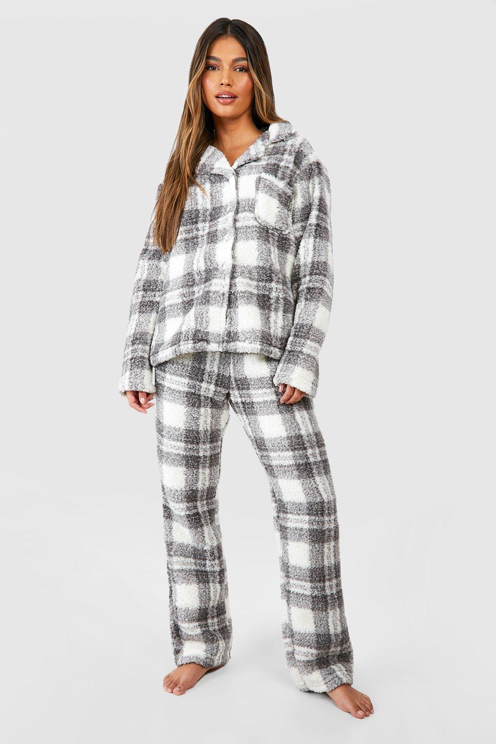 Womens Grey Check Fleece Button Front Trouser Set - 6, Grey