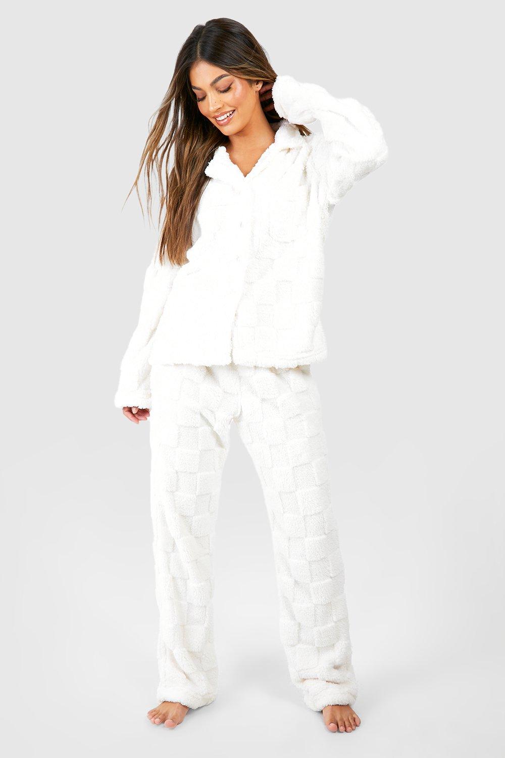 Image of Set pantaloni in fleece a scacchiera con bottoni frontali, Bianco