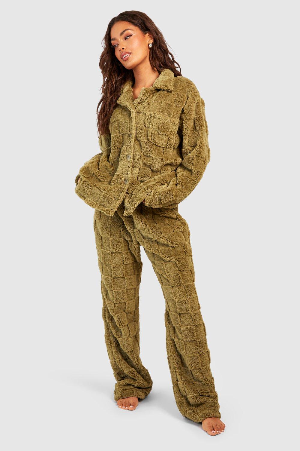 Womens Checkerboard Fleece Button Front Trouser Set - Green - 8, Green