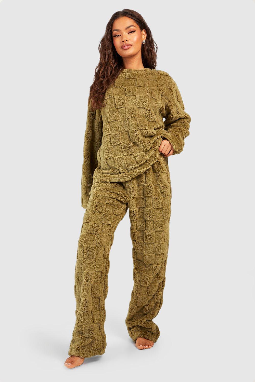 Womens Checkerboard Fleece Jumper And Trouser Set - Green - 6, Green