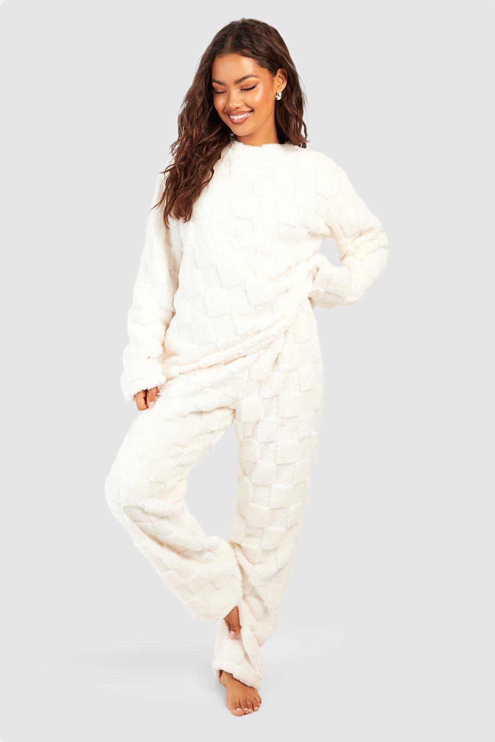 Womens Checkerboard Fleece Jumper And Trouser Set - White - 8, White