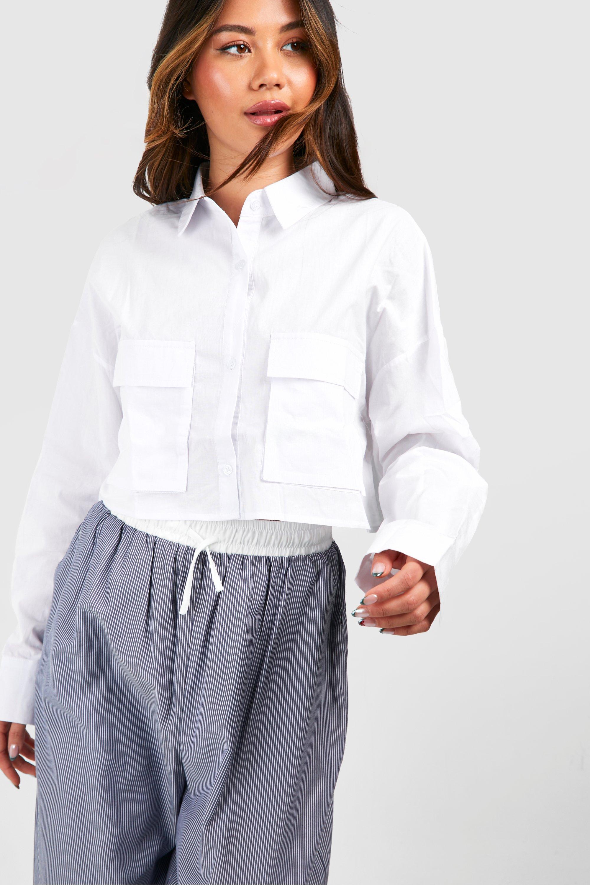 Image of Camicia corta in cotone con due tasche, Bianco