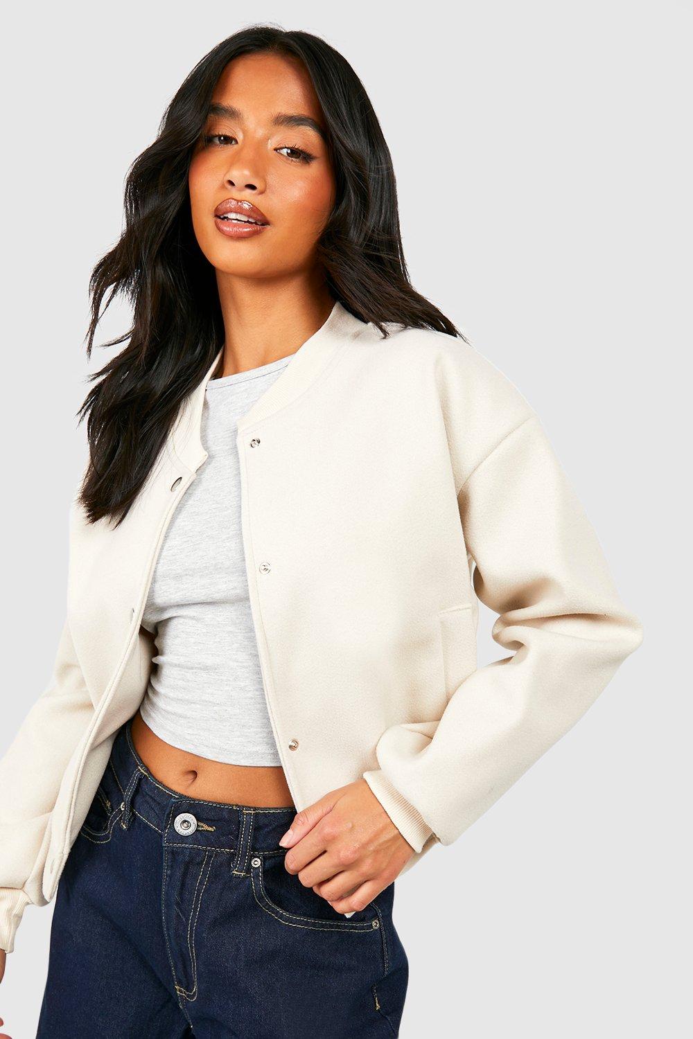 Womens Petite Wool Look Crop Bomber Jacket - White - 16, White